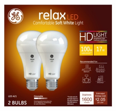 Relax HD LED Light Bulbs, Soft White, Dimmable, 1,600 Lumens, 17-Watt, 2-Pk.