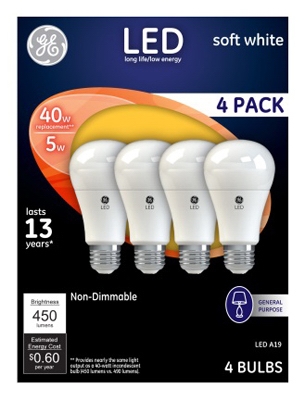 LED Light Bulbs, Soft White, 450 Lumens, 5-Watt, 4-Pk.