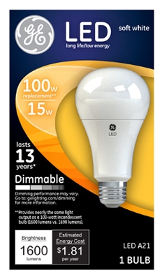 LED Light Bulb, A21, Soft White, Dimmable, 15-Watt
