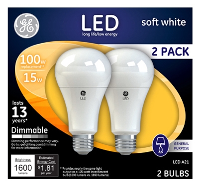 LED Light Bulb, A21, Soft White, Dimmable, 15-Watt, 2-Pk.