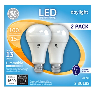 LED Light Bulb, A21, Daylight, Dimmable, 15-Watt, 2-Pk.