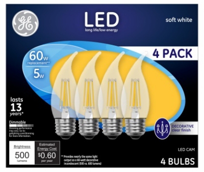 Decorative LED Light Bulbs, Soft White, CAM, Clear, Dimmable, 500 Lumens, 5-Watts, 4-Pk.