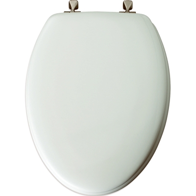 Elongated Molded Wood Toilet Seat, STA-TITE  Brushed-Nickel Hinge, White