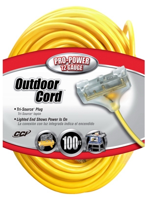100-Ft. 12/3 SJTW-A Yellow 3-Outlet Extension Cord