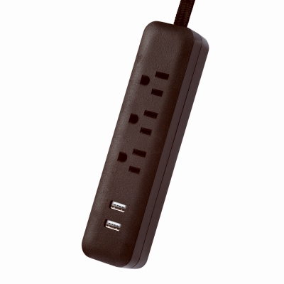 Designer Power Strip, 2 USB Ports, Fabric-Covered Cord, Black, 6-Ft.