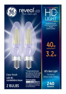 Reveal HD+ Decorative LED Light Bulbs, Candelabra-Base, Clear, Dimmable, 240 Lumens, 3.2-Watts, 2-Pk.