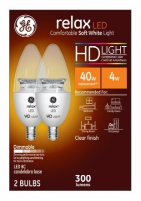 Relax Decorative HD LED Light Bulbs, Soft White, Clear, Candelabra Base, 300 Lumens, 4-Watts, 2-Pk.