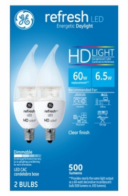 Refresh HD Decorative LED Light Bulbs, Candelabra Base, Daylight, Clear, Dimmable, 500 Lumens, 6.5-Watts, 2-Pk.
