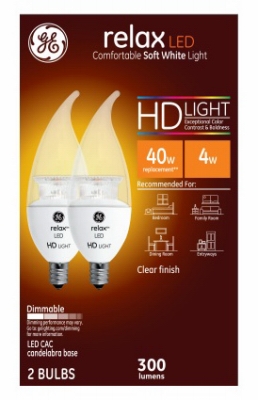Relax HD Decorative LED Light Bulbs, Candelabra Base, Soft White, Clear, Dimmable, 300 Lumens, 4-Watts, 2-Pk.