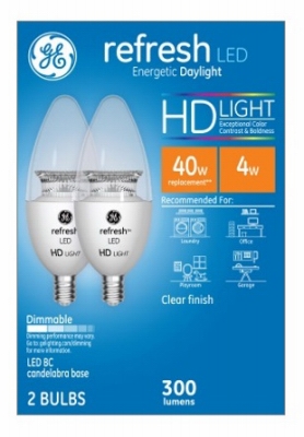 Refresh HD Decorative LED Light Bulbs, Candelabra-Base, Daylight, Clear, Dimmable, 300 Lumens, 4-Watts, 2-Pk.