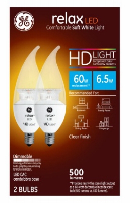 Relax HD Decorative LED Light Bulbs, Candelabra Base, Soft White, Clear, Dimmable, 500 Lumens, 6.5-Watts, 2-Pk.