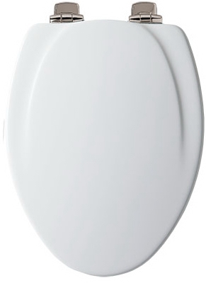Elongated Molded Wood Toilet Seat, Brushed Nickel Whisper-Close  Hinge, STA-TITE , White