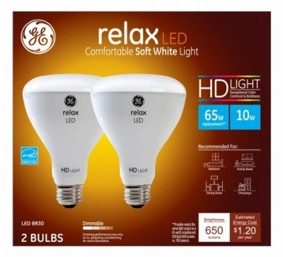 Relax HD LED Light Bulbs, Soft White, Dimmable, 650 Lumens, 10-Watt, 2-Pk.