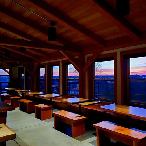 Benedictine Brewery form the inside looking out at sunset