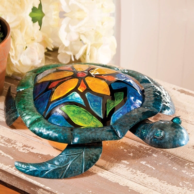 Cape Craftsmen Turtle with Flower Metal & Glass Table Lamp
