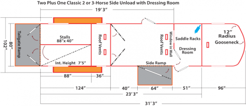 Two Plus One Classic All Aluminum 2 or 3 Horse Gooseneck Side Unload