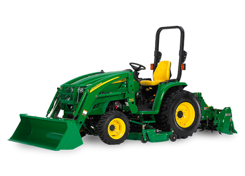 John Deere 3320 Tractor with Loader, Box Blade, Straight Blade, and 5' Brush Hog