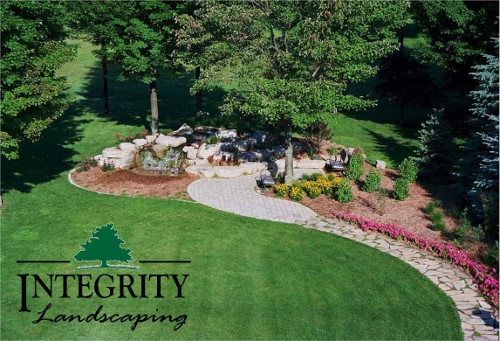 Natural Stone Path, Paver Patio & Waterfall with Shrubs & Annuals