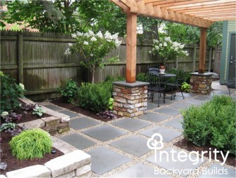 Backyard Patio with Raised Beds, Trees, and Bushes